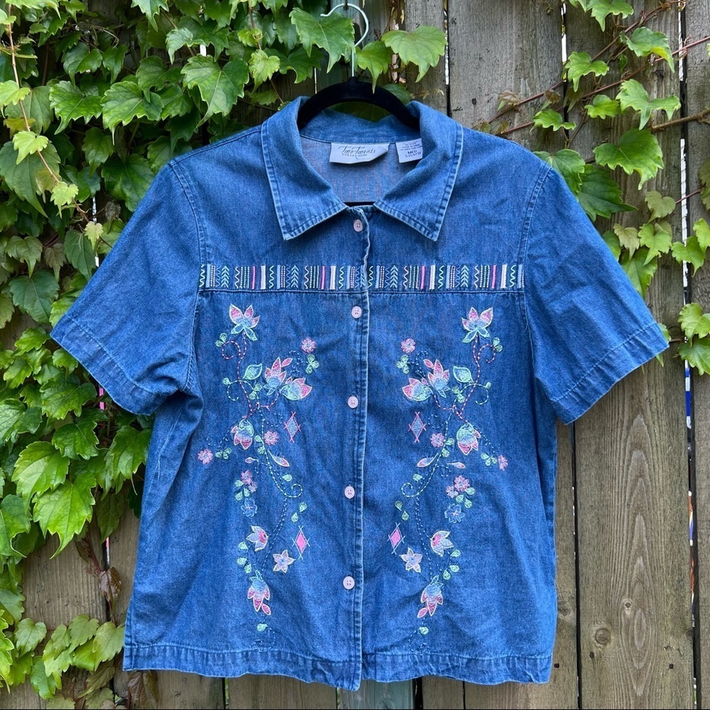 Vintage denim short sleeve button down with floral embroidery